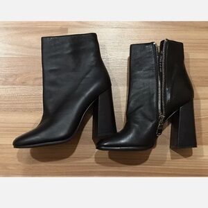 Black Leather High Block Heel Ankle Boots with Side Zip New